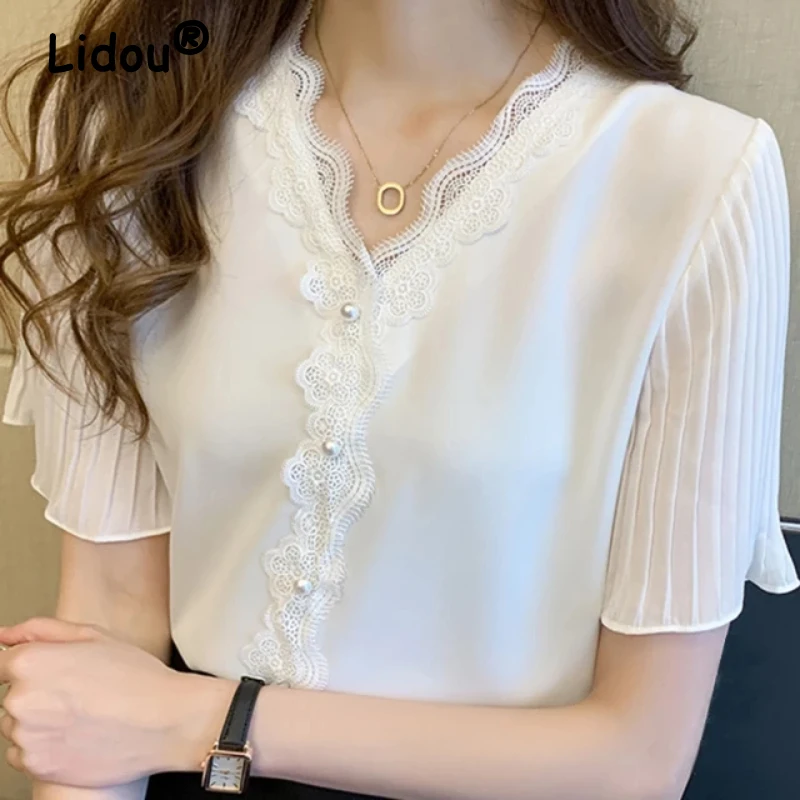 Top Trends: Spring Summer New Fashion Solid Color Chiffon Shirt 2022 V-Neck Short Sleeve Lace Pullover Shirt Korean Elegant Casual Blouse Shoppable Styles