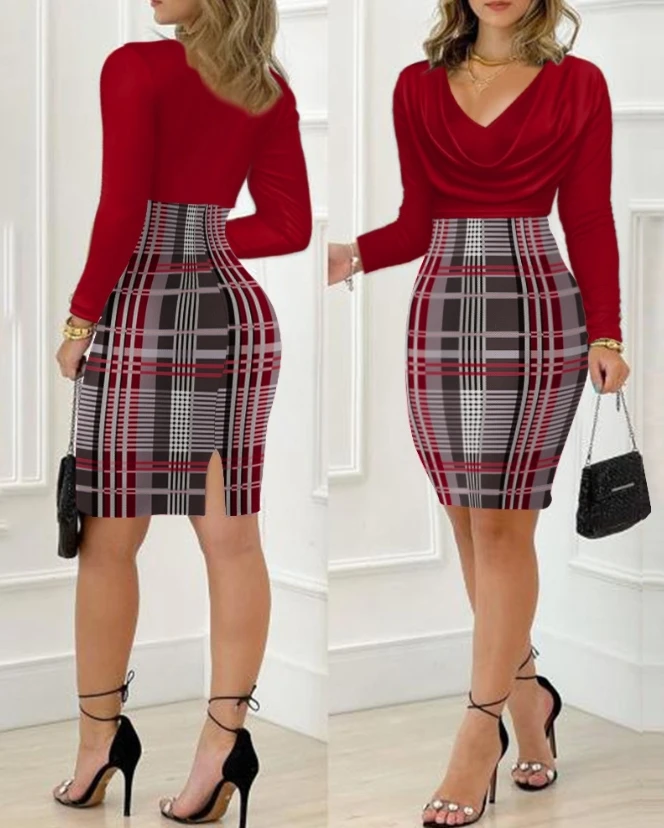 Top Trends: Two Piece Set Women Outfit Spring Fashion Colorblock Plaid Print Cowl Neck Slit Elegant Long Sleeve Skinny Work Mini Skirt Set Shoppable Styles