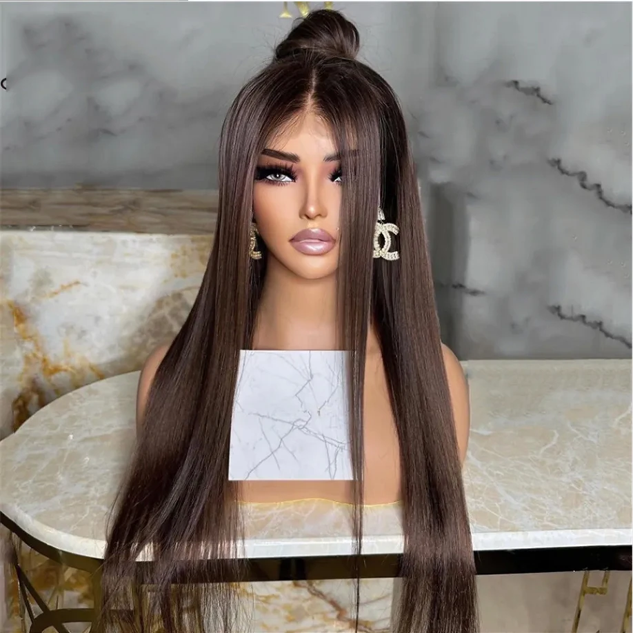 Top Trends: Dark Brown Long Silky Straight Preplucked Soft 26 Inch 180% Density Natural Brown Lace Front Wig Fiber Shoppable Styles