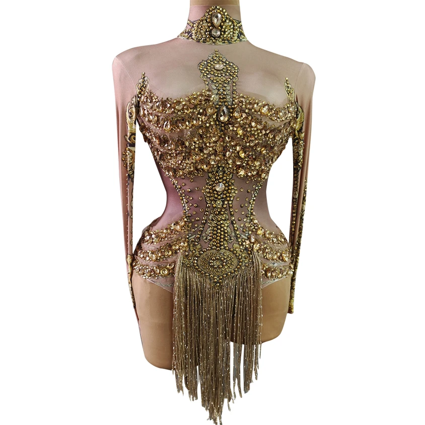 Top Trends: Sparkly Gold Rhinestones Fringe Leotard Women Birthday Nightclub Party Outfit Sexy Dance Bodysuit Performance Show Stage Wear Shoppable Styles