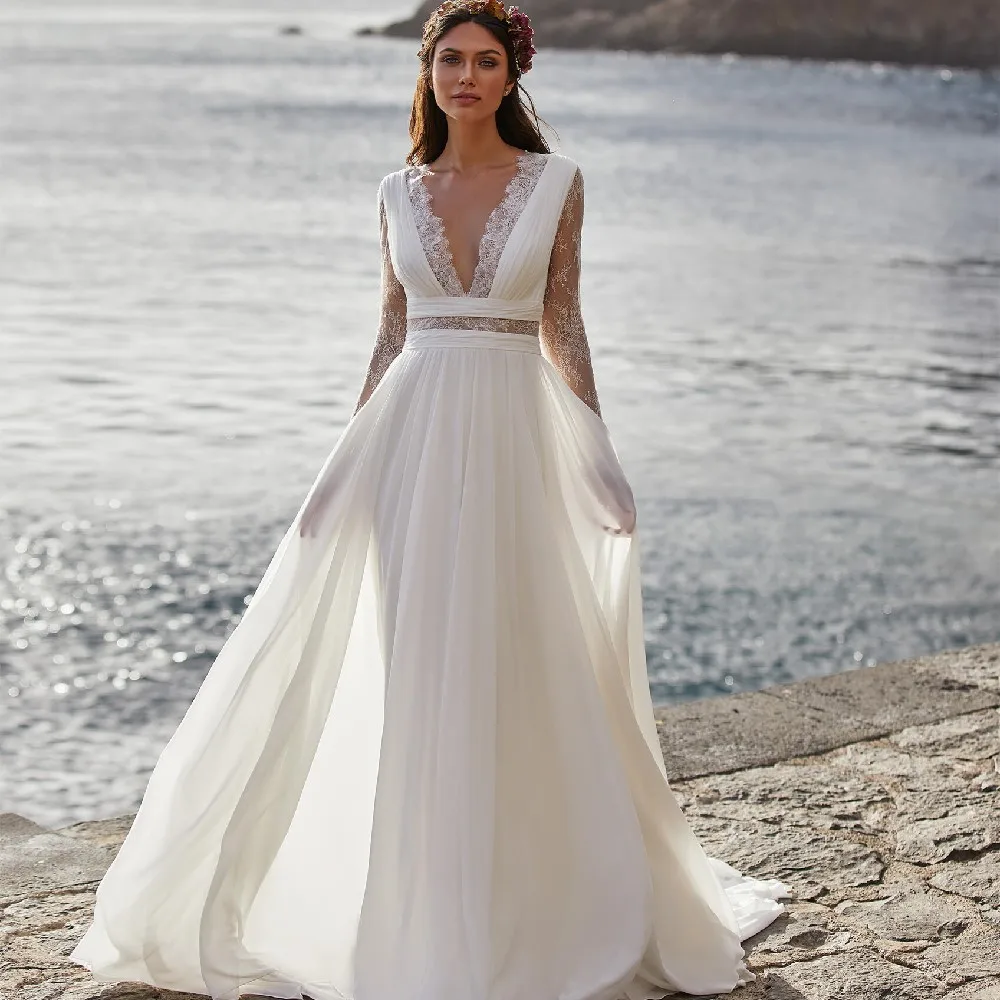 Top Trends: Bohemian Wedding Dresses For Women 2022 Bride Long Sleeve V-Neck Floor Length Chiffon A-Line Lace Back Bridal Gowns With Belt Shoppable Styles