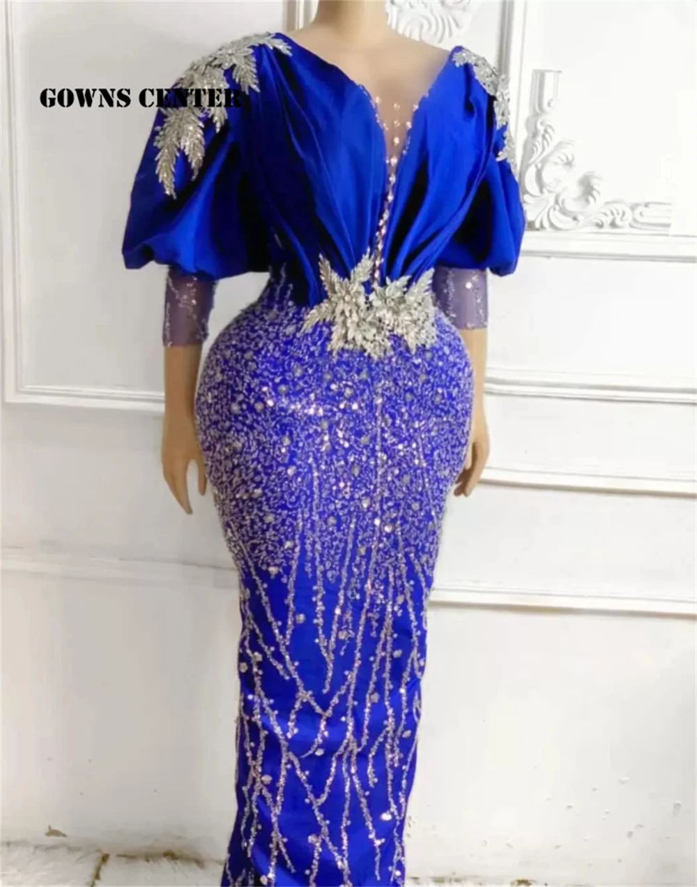 Top Trends: Royal Blue Aso Ebi Evening Dress Puff Three Quarter Sleeves Luxury African Beaded Appliques Formal Dresses Prom Gowns Vestidos Shoppable Styles