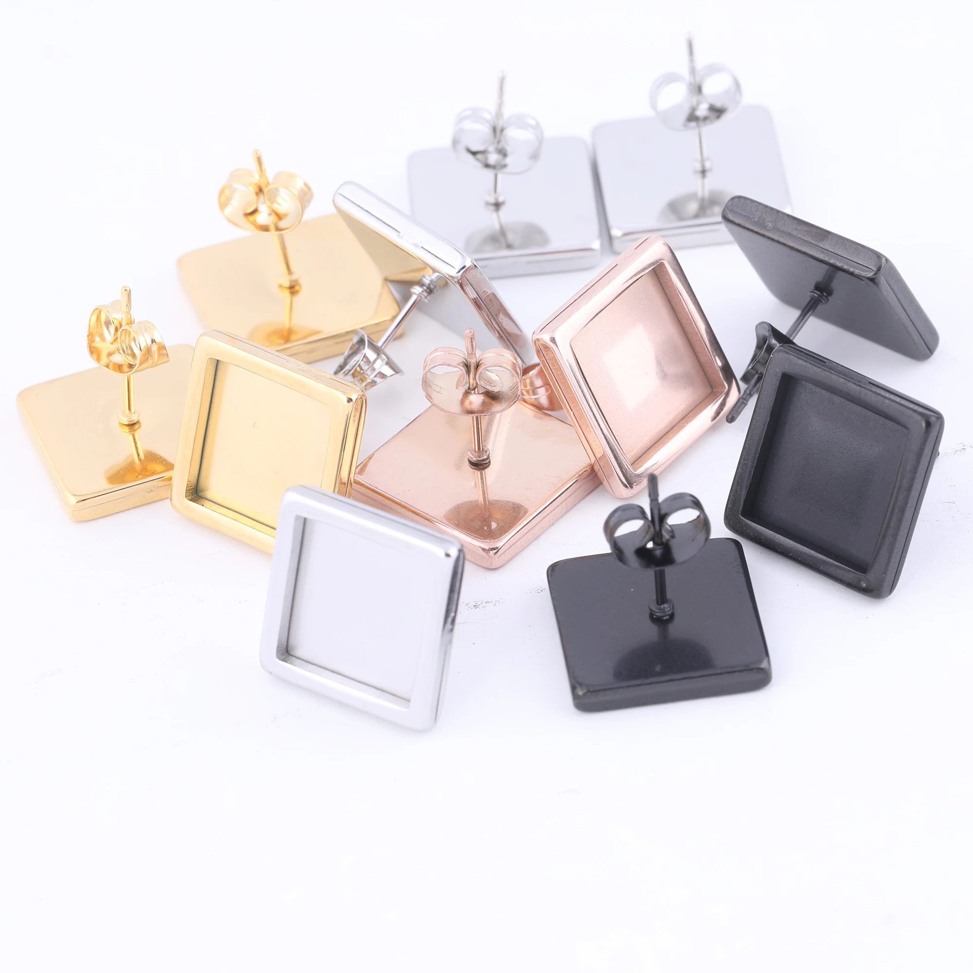 Top Trends: 10pcs 10mm Square Cabochon Earring Stud Base Blanks Stainless Steel Rose Gold Black Earrings Bezels For Jewelry Making Supplies Shoppable Styles