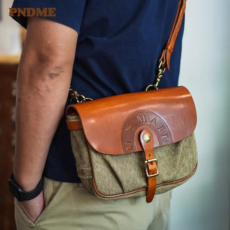 Top Trends: PNDME Vintage High Quality Canvas Genuine Leather Men&#039;s Messenger Bag Casual Designer Handmade Luxury Tablets Shoulder Bag Shoppable Styles