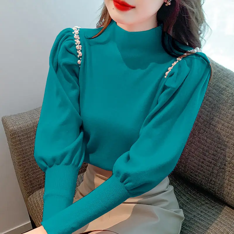 Top Trends: Elegant Half High Collar Knitted Tops Women's Clothing Autumn Winter Fashion Beading Spliced Solid Color Sweaters For Female Shoppable Styles