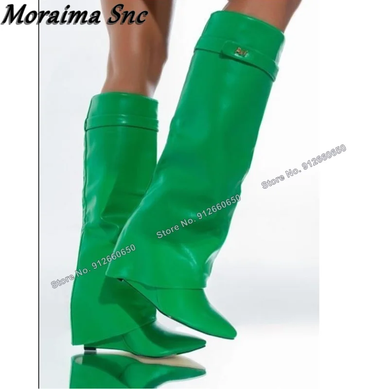 Top Trends: Moraima Snc Green Wedges High Heels Shark Boots Shoes For Women Solid Knee High Botas Sexy Orange Fashion Runway Shoes On Heels Shoppable Styles