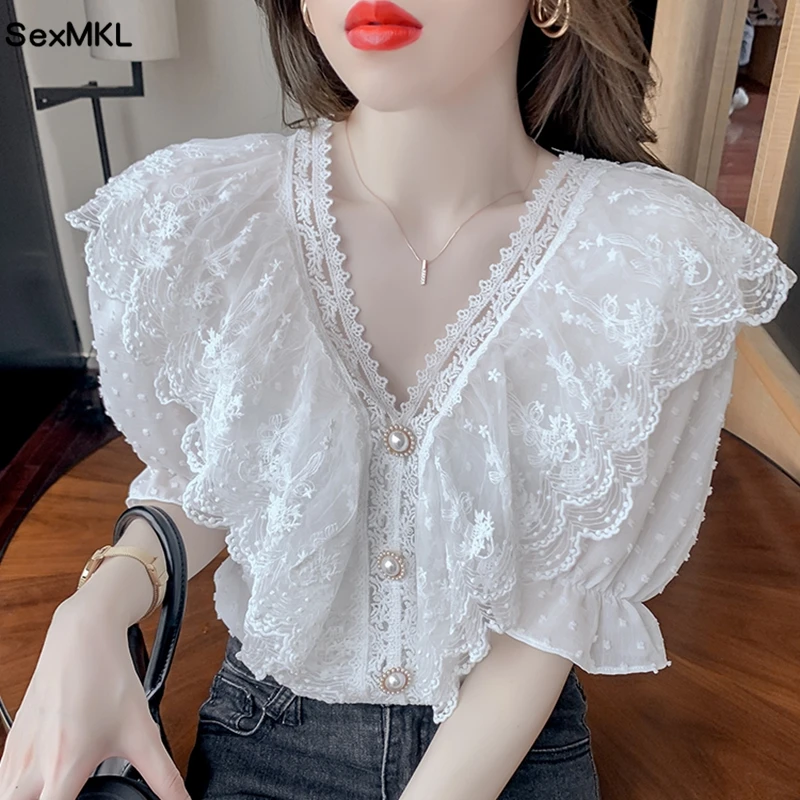 Top Trends: Vintage Summer Lace Tops Women 2023 Elegant Fashion Casual Ruffles White Blusas Mujer Korean Clothing V Neck Chiffon Blouses Y2k Shoppable Styles