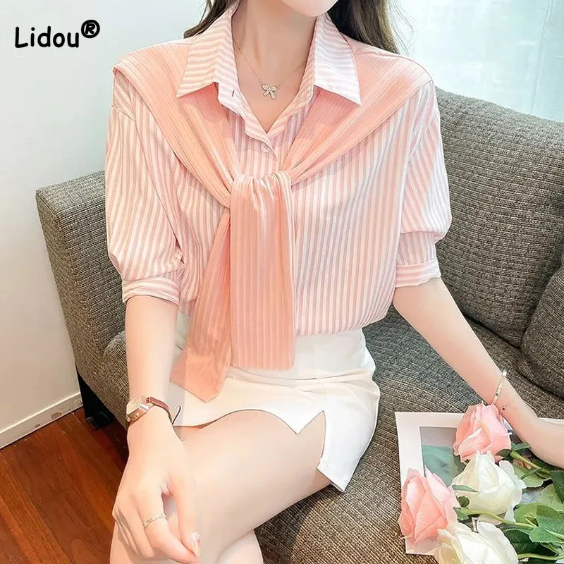 Top Trends: Elegant Fashion Female Polo-Neck Spliced Striped Shirt Summer Commute Casual Short Sleeve Fake Two Pieces Blouse Womens Clothing Shoppable Styles