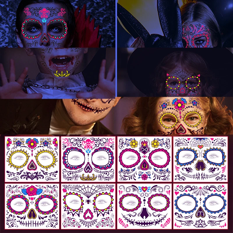 Top Trends: Day Of The Dead Halloween Tattoo Fluorescent Waterproof Temporary Face Stickers Makeup Dress Up Decoration For Party Festival Shoppable Styles