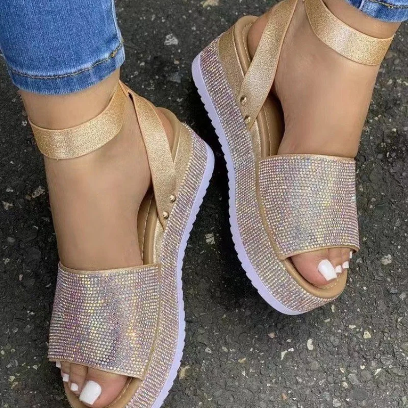 Top Trends: Fashion Rhinestone Wedge Sandals Women&#039;s Summer New High Heel Flat Shoes Women&#039;s Sandals Outdoor Open Toe Large Casual Sandals Shoppable Styles