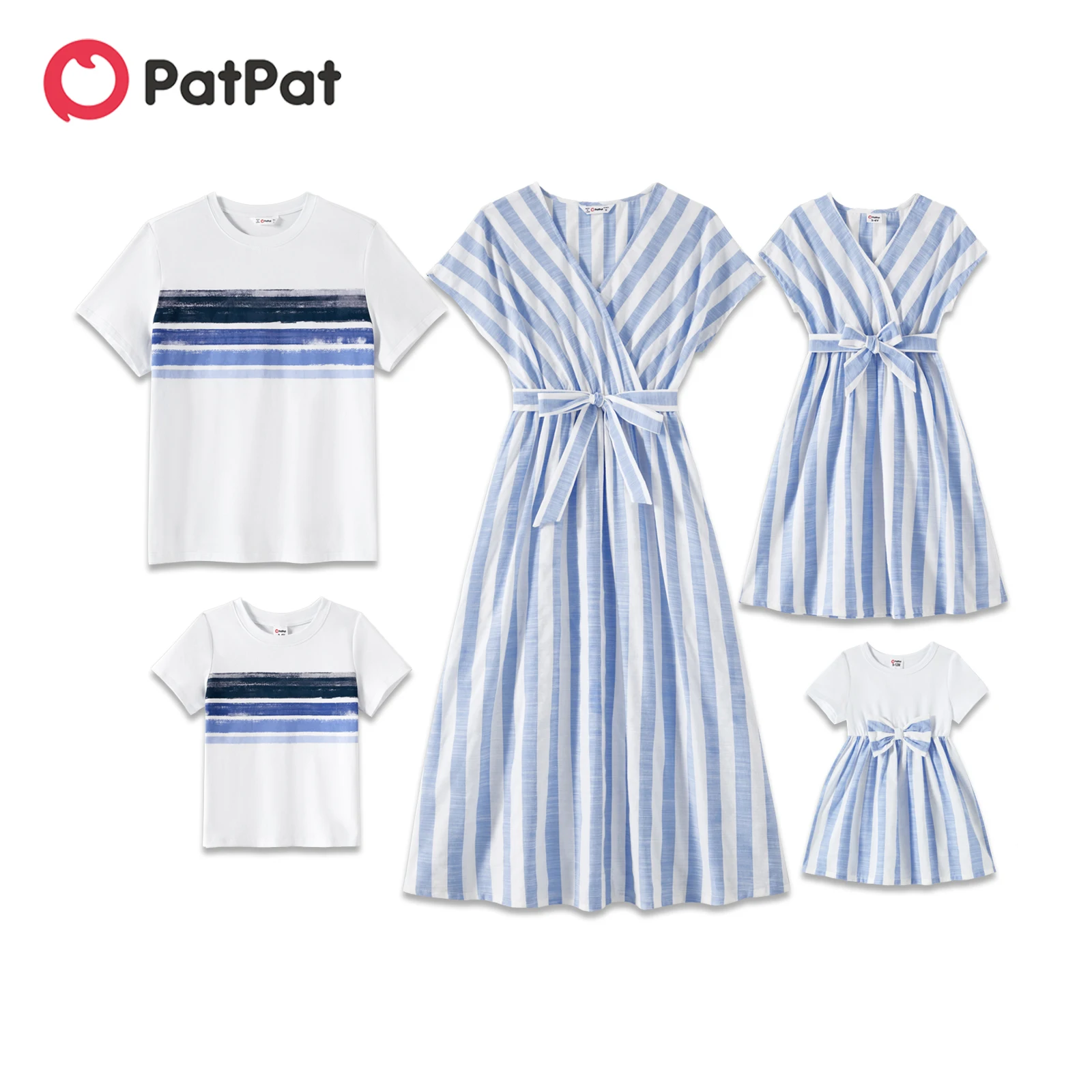 Top Trends: PatPat Family Matching Outfits Cotton Short-sleeve Spliced Tee And Striped Surplice Neck Short-sleeve Belted Dresses Sets Shoppable Styles