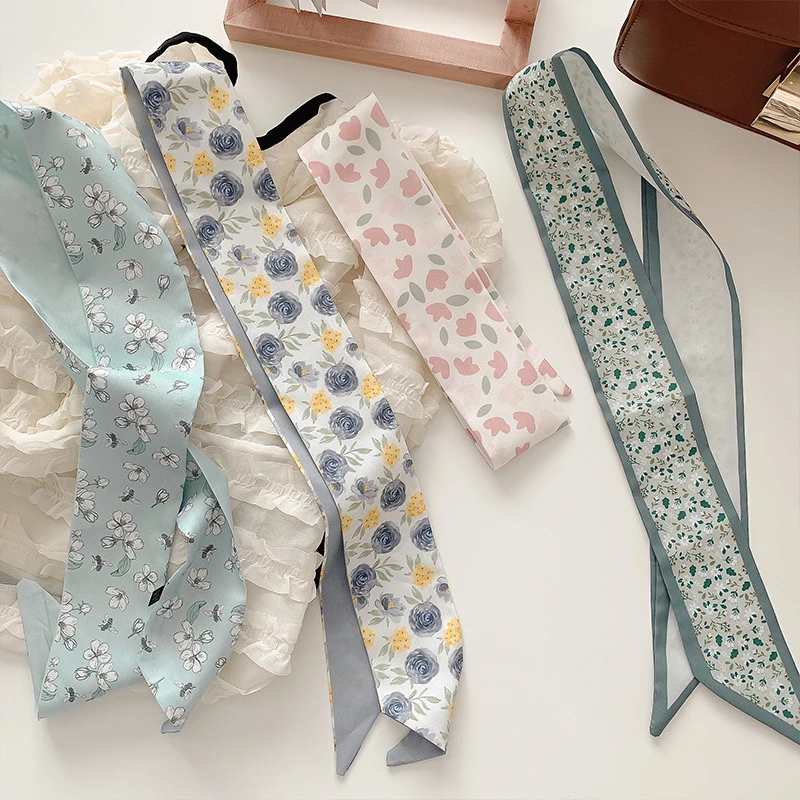 Top Trends: 95cm Long Skinny Scarf For Women Narrow Ribbon Headband Female Neckerchief Floral Print Bag Band Bandana Hair Tie Accessories Shoppable Styles