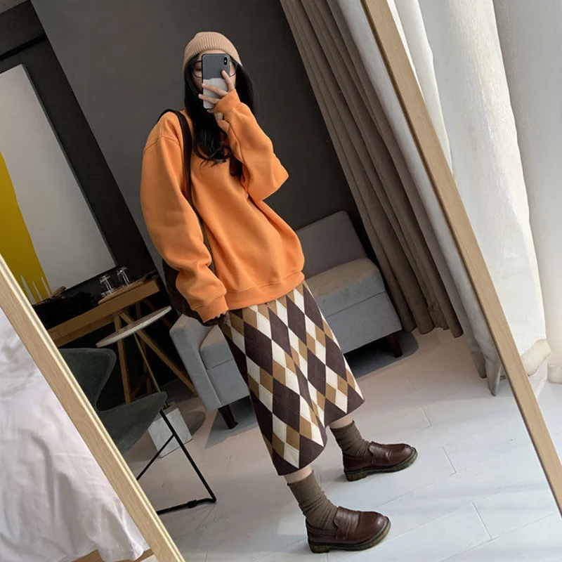 Top Trends: Autumn Korean Plaid Knitting Elastic Waist Warm Skirt Women Clothing All-match Patchwork High Waist Long Dress Female Sweet Shoppable Styles