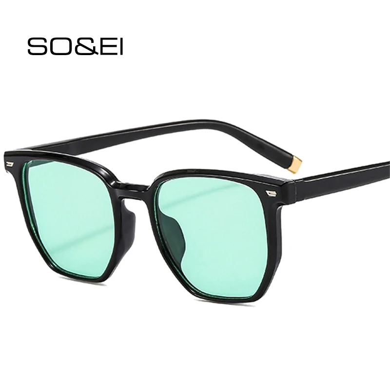 Top Trends: SO&EI Retro Square Women Clear Ocean Lens Sunglasses Shades UV400 Fashion Rivets Decoration Men Trending Blue Green Sun Glasses Shoppable Styles