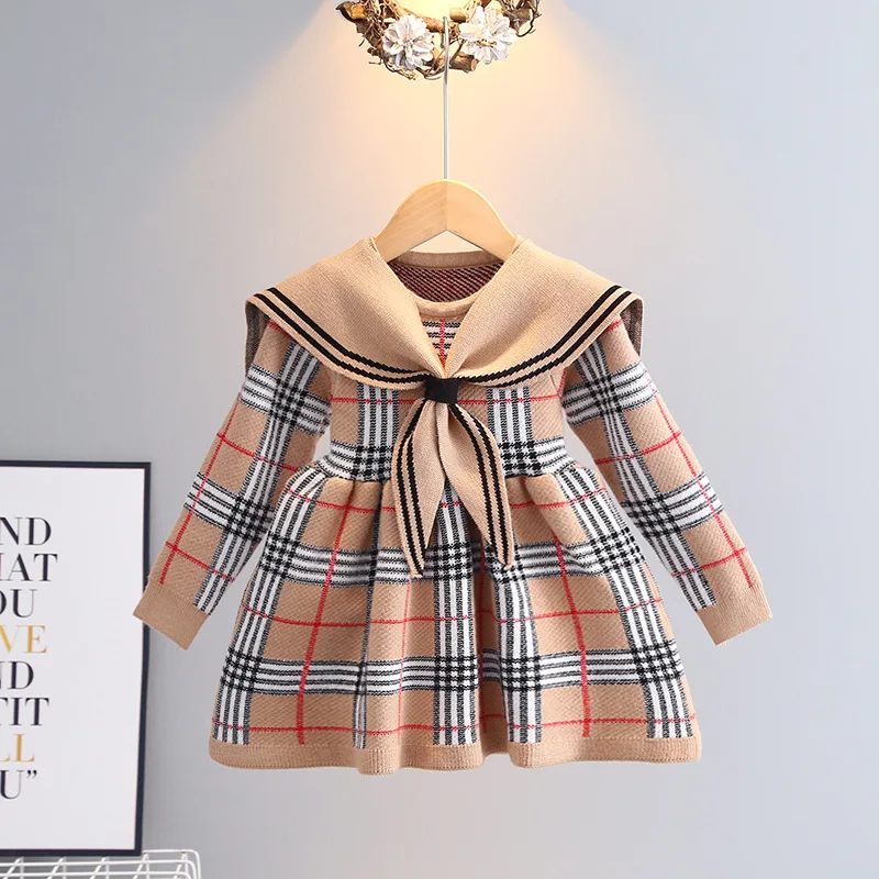 Top Trends: Toddler Girl Sweater Dress 2023 New Autumn Winter Warm 0-7Y Girls Plaid Knitted Sweater Dress Bow College Style Kids Clothes Shoppable Styles