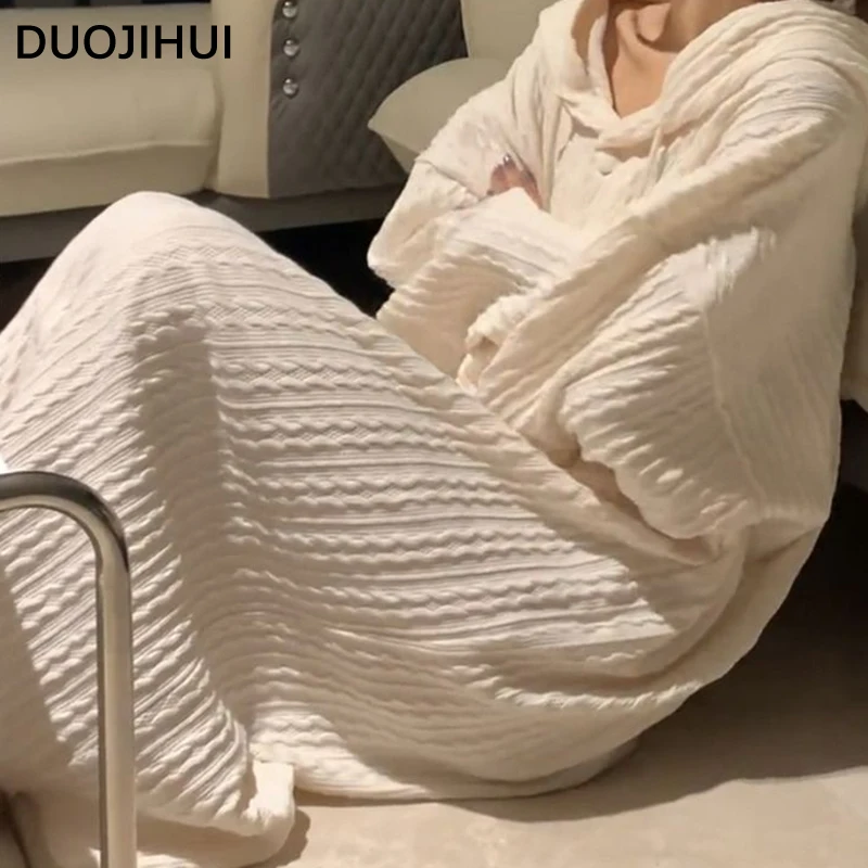 Top Trends: DUOJIHUI White Fashion Hooded Drawstring Stripe Loose Female Nightgowns Autumn Sweet Simple Casual Solid Color Women's Sleepwear Shoppable Styles - Image 5