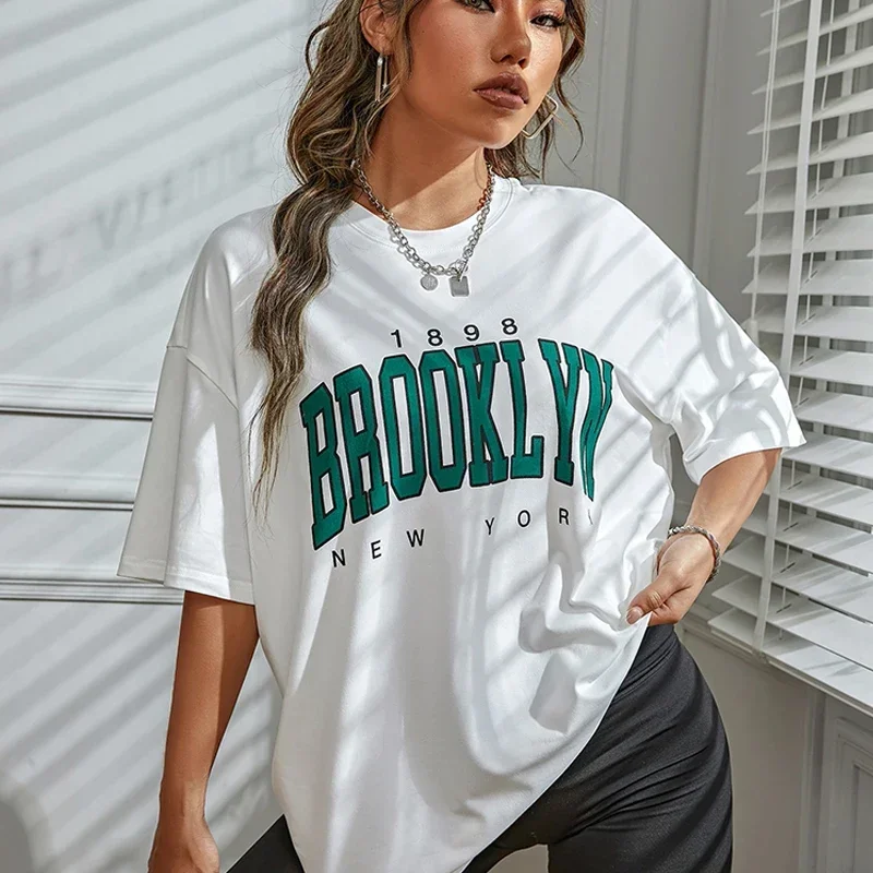 Top Trends: Oversized Women T-Shirt 1898 Brooklyn York Letter Drop Shoulder Print Vintage T Shirt Simple Clothes Female Tshirt Y2K Top Shoppable Styles