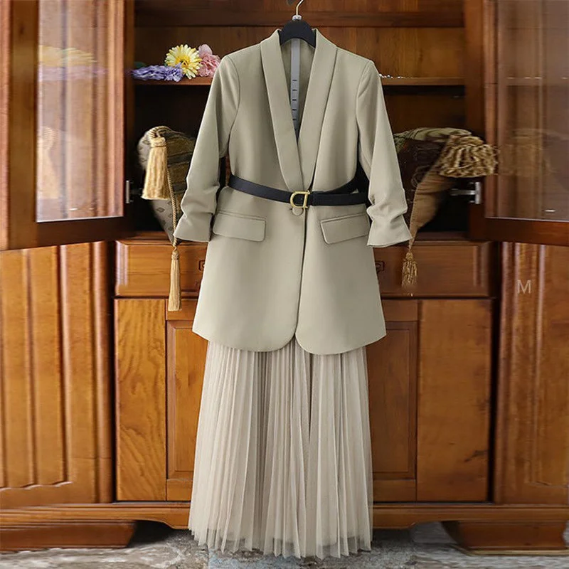 Top Trends: 2022 Fall Winter Women Oversized Two-piece Set Long Coat Suit And Mesh Skirt Female Elegant Solid Blazer Dress Suits With Belt Shoppable Styles