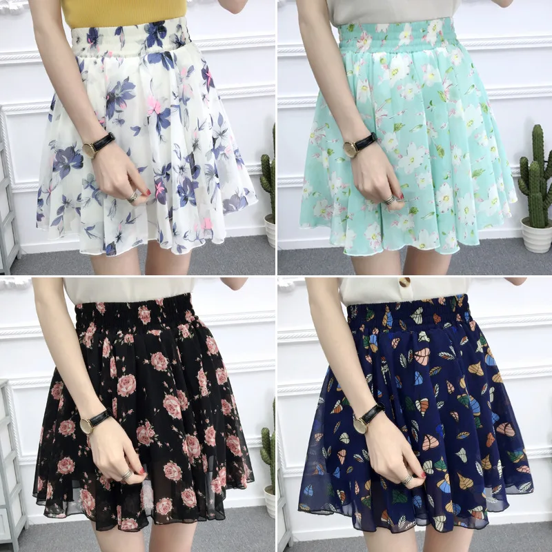 Top Trends: 27 Colors Women's Skirt Summer New High Waist Printed Chiffon Pleated Floral Short Skirt Safety One Word Floral Mini Skirt Shoppable Styles