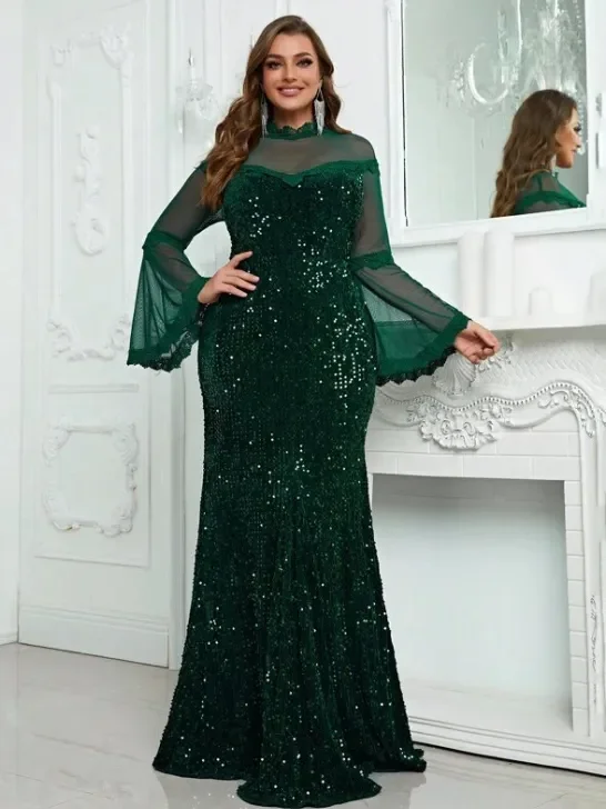 Top Trends: Plus Size Evening Dresses Fashion Women Sequins Mesh Patchwork Long Sleeve Party Dresses Large Size Elegant Ladies Dresses 2023 Shoppable Styles