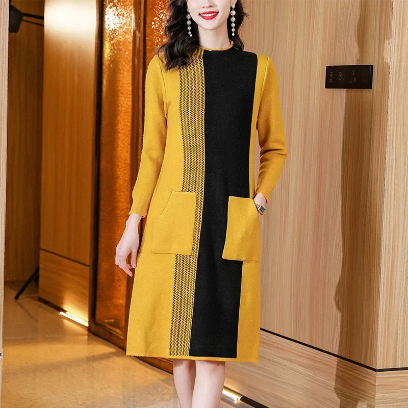 Top Trends: Women&#039;s Contrast Style Patchwork Knitted Dress Winter Fashion Inside Pockets Loose Thick Wool Sweater Dresses Shoppable Styles