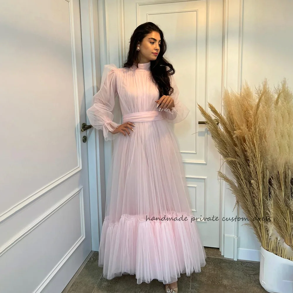 Top Trends: Blush Pink Tulle A Line Prom Party Dresses Long Sleeve Draped Tiered High Neck Evening Prom Dress Ankle Length Graduation Gowns Shoppable Styles