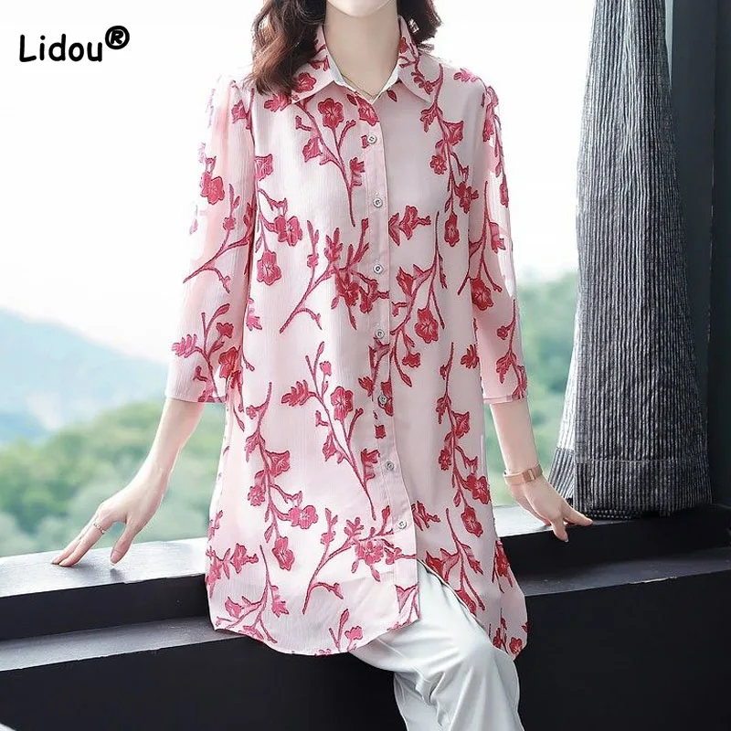 Top Trends: Elegant Fashion Printed Single-breasted Blouse Summer Women's Clothing 3 / 4 Sleeve Casual Loose Polo-Neck Chiffon Shirt Female Shoppable Styles