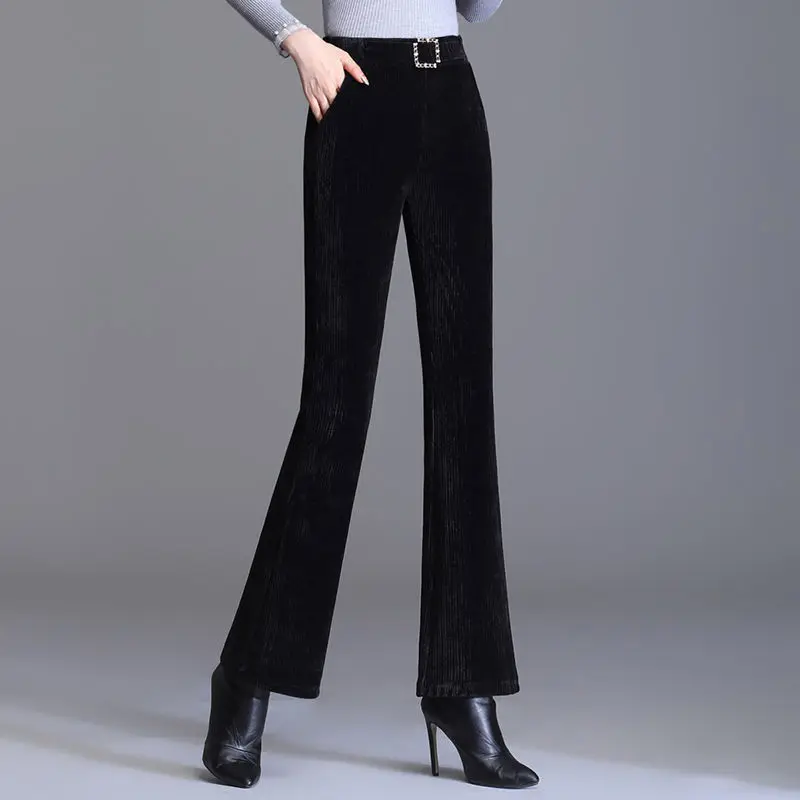 Top Trends: Office Lady Fashion Solid Flare Pants Women Autumn Winter Chenille New Elastic High Waist Pocket Slim Korean Casual Trousers 3XL Shoppable Styles