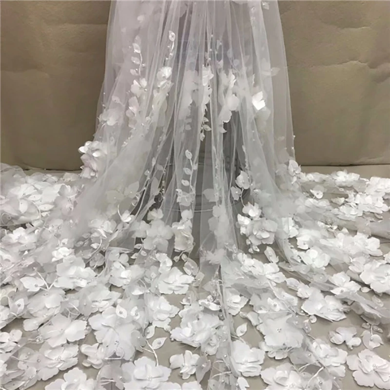 Top Trends: White 3D Beads Lace Fabric High Quality Mesh Embroidery Applique Tulle Nigerian Party Lace Fabrics For Bridal LY1355 Shoppable Styles