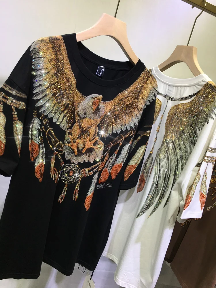 Top Trends: L-4XL Big Size Print Both Side Eagle Rhinestones Top Oversize T-shirt Women Men Loose Short Sleeve Hip Hop Graphic T Shirts Lady Shoppable Styles