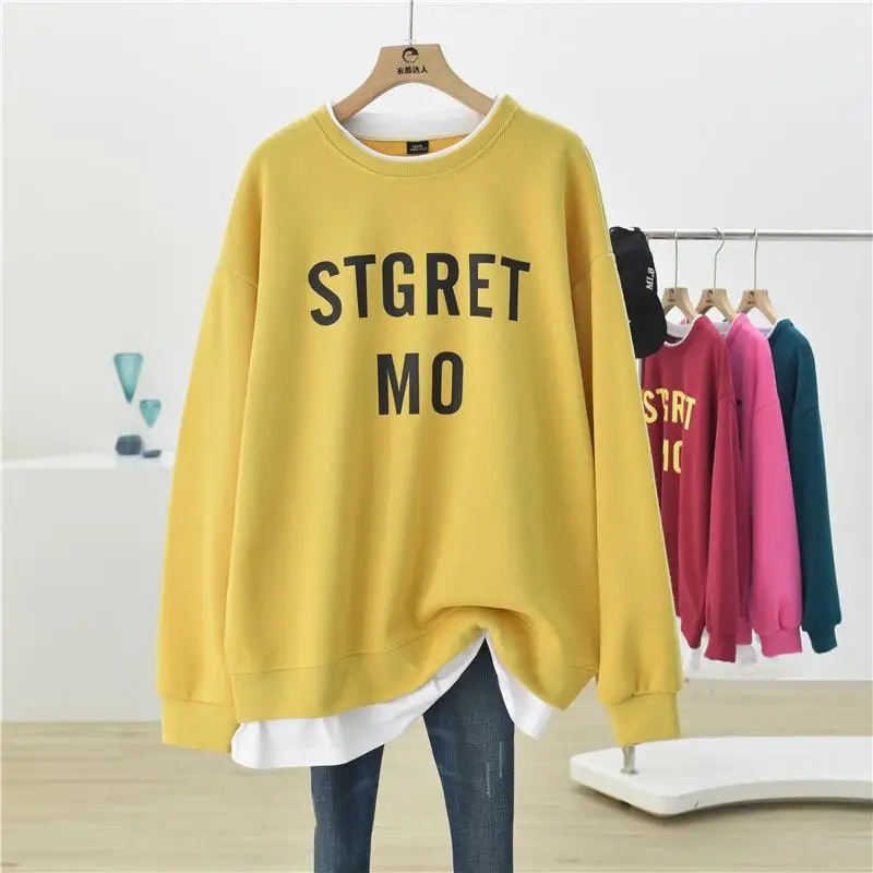 Top Trends: Casual Fake Two Piece Sweatshirts Spring Autumn New Solid Long Sleeve Letter Print Loose Pullovers Fashion Korean Women Clothing Shoppable Styles