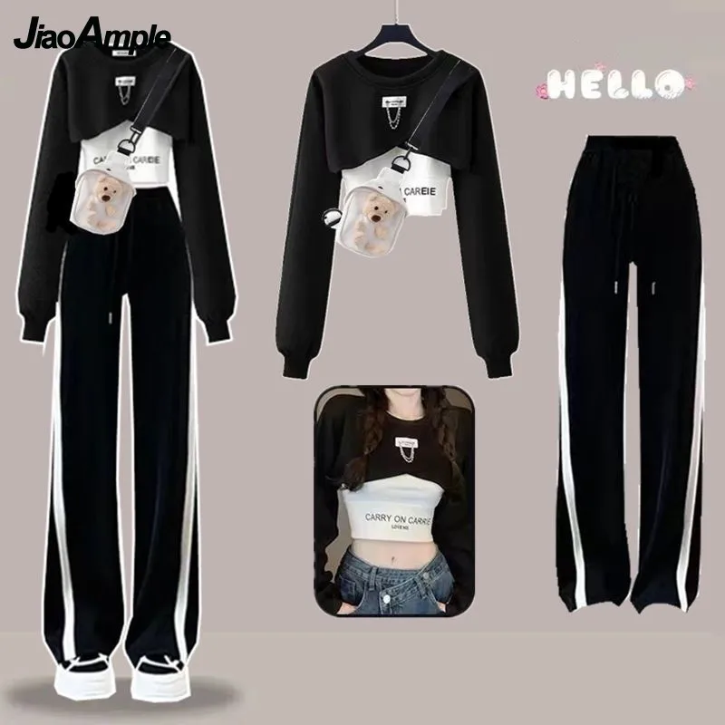 Top Trends: 2024 Spring Autumn Women&#039;s Tracksuit Set Korean Fashion Short Long-sleeved Sweater+ Vest+ Casual Wide Leg Pants Three-piece Suit Shoppable Styles