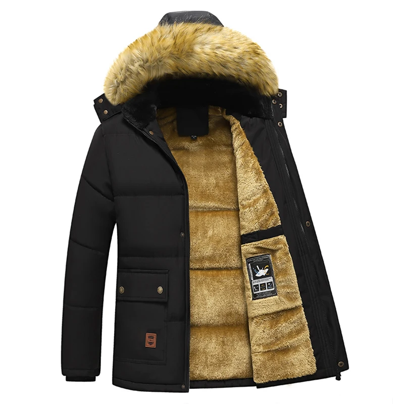 Top Trends: 2023 New Men Winter Parka Fleece Lined Thick Warm Hooded Fur Collar Coat Male Size 5XL Plush Jacket Autumn Work Outwearing Black Shoppable Styles