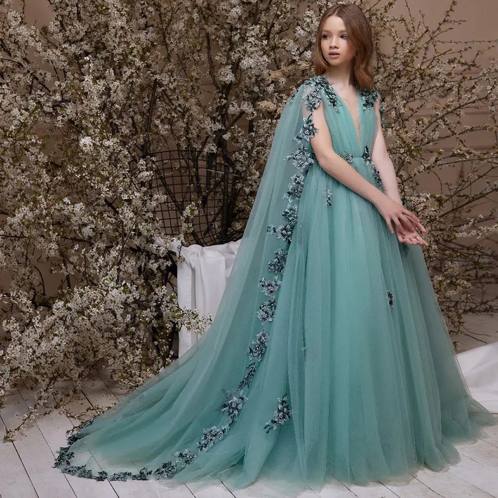 Top Trends: Jill Wish Luxury Green Girl Dress With Cape Dubai Princess Kids Evening Gown For Wedding Birthday First Communion Party J297 Shoppable Styles