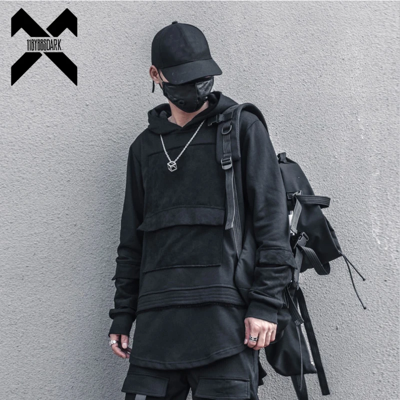 Top Trends: Harajuku Hoodie For Men Patchwork Design Black Sweatshirt Slim 2022 Autumn Dark Cotton Pullover Streetwear Men Clothing Shoppable Styles