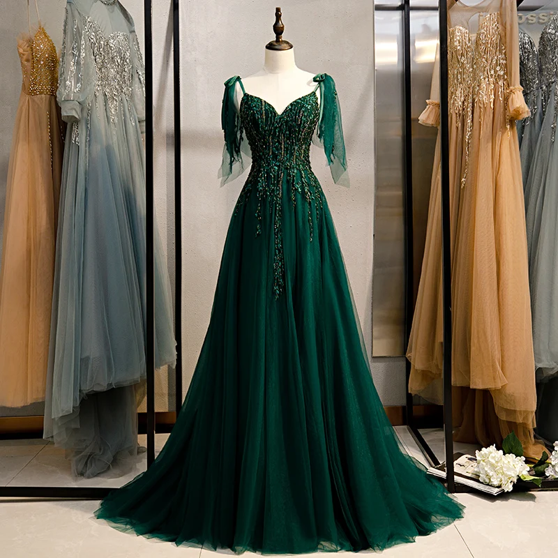 Top Trends: New Green Evening Dress Sexy V-Neck Sleeveless A-Line Floor-Length Crystal Bling Backless Lace Up Party Formal Gown Woman B215 Shoppable Styles