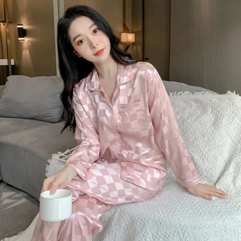 Top Trends: Spring And Autumn New Plaid Jacquard Imitation Silk Ice Silk Pajamas Women&#039;s Trousers Long-sleeved Two-piece Home Service Shoppable Styles