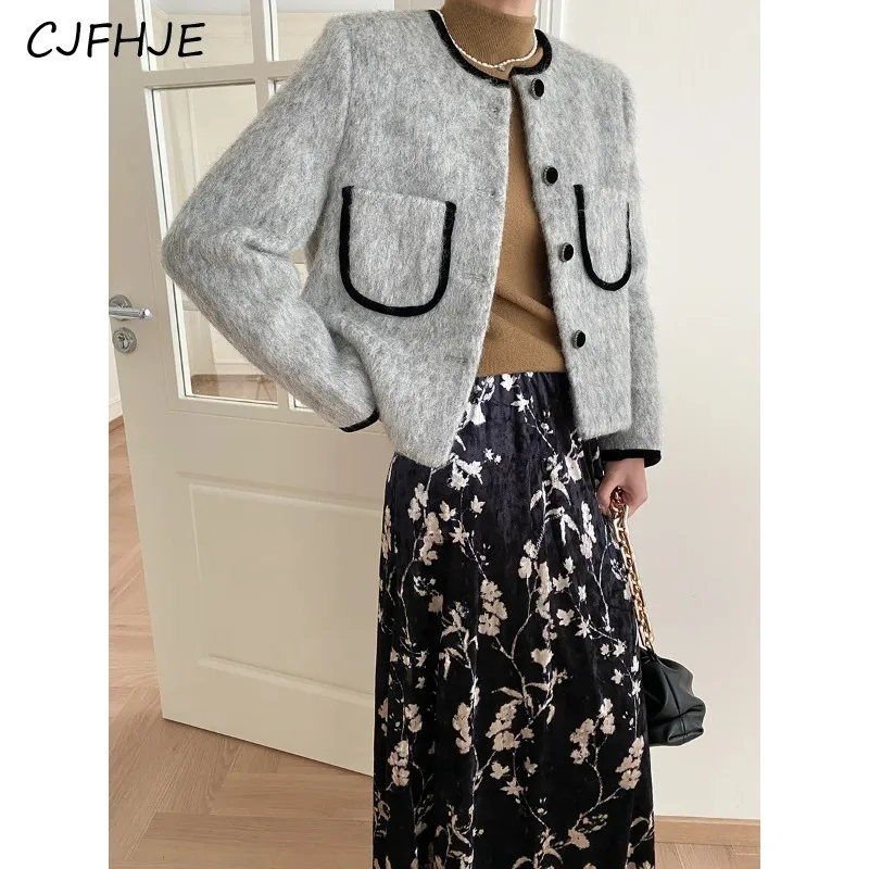 Top Trends: CJFHJE New Women's Wool Retro Fragrant Short Coat Korean Fashion Grey Black Round Neck Casual Woolen Jacket Women Autumn Winter Shoppable Styles