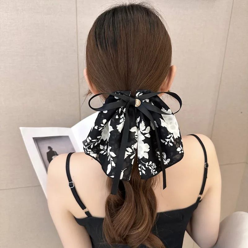 Top Trends: New Classy Women's Floating Ribbon Bow Ponytail Hair Ring Retro Ink Broken Flower Hairband Headband Girls Hair Accessories Gifts Shoppable Styles - Image 2