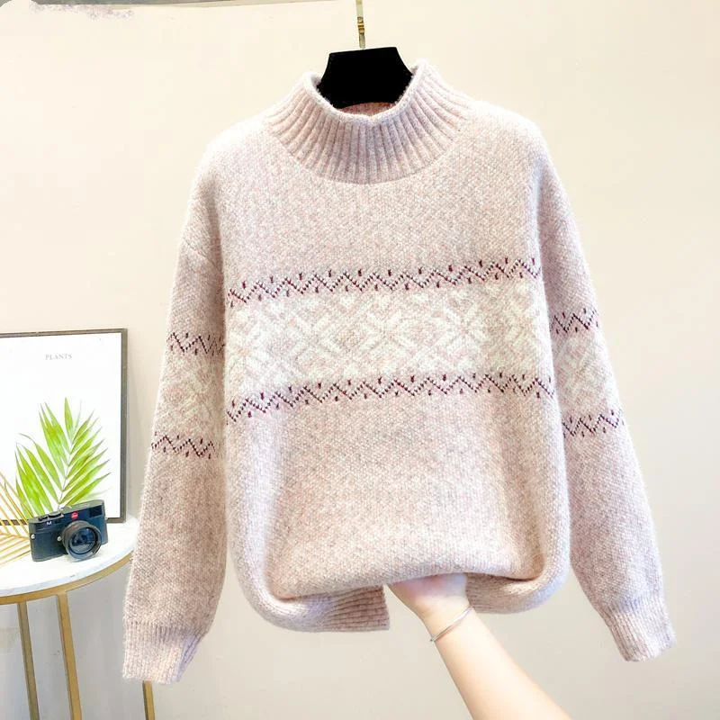 Top Trends: Autumn Winter New Women&#039;s Pullovers Half High Collar Long Sleeve Tops Fashion Jacquard Weave Color Block Casual Slim Sweaters Shoppable Styles