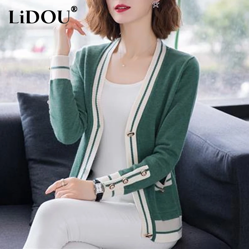 Top Trends: 2023 Spring Autumn New Solid Color Fashion V-neck Sweater Women High Street Long Sleeve Elegant Button Casual All-match Cardigan Shoppable Styles