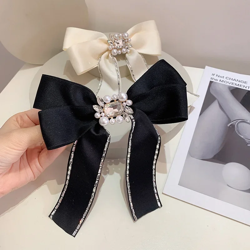 Top Trends: Retro Handmade Ribbon Pearl Bow Hair Clips For Women Crystal Rhinestone Hair Pins Spring Clip Hairpins Korean Hair Accessories Shoppable Styles