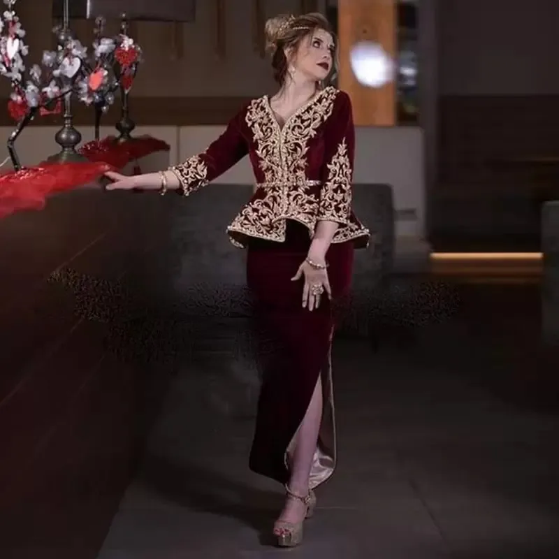 Top Trends: Long Sleeves Mermaid Karakou Algerian Evening Dresses Jacket Skirt Burgundy Velour Prom Party Gowns With Gold Lace Appliques Shoppable Styles