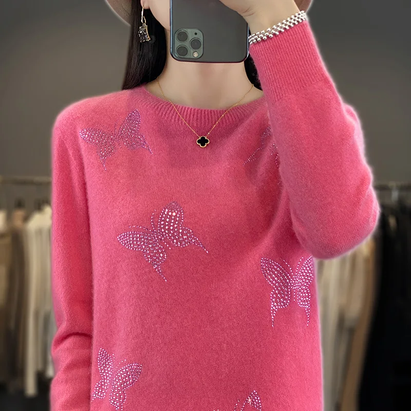 Top Trends: 2024 Autumn / Winter Women's Sweater Pullover Long Sleeved Round Neck Wool Knitted Seamless Butterfly Hot Diamond Warm Fashion Top Shoppable Styles