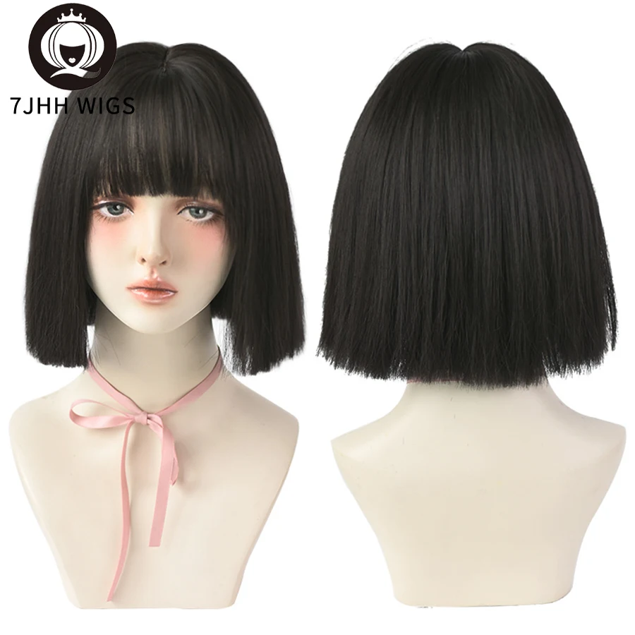 Top Trends: 7JHH WIGS Black Straight Short Bob Synthetic Wig For Girl Daily Wear Crochet Hair New Style Natural Heatresistant Wig With Bang Shoppable Styles