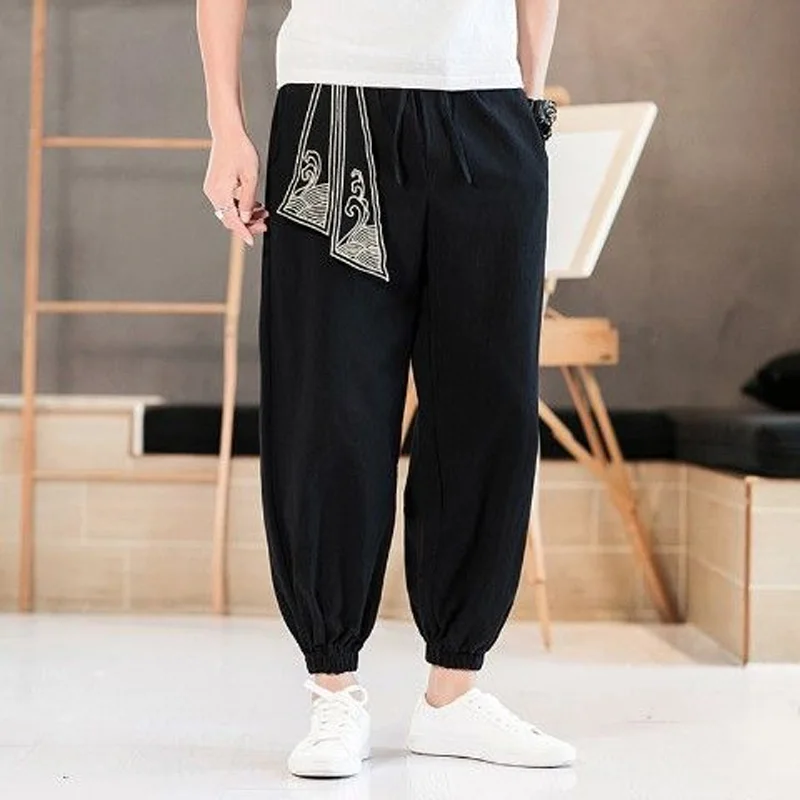 Top Trends: 2023 New Spring And Autumn Chinese Style Embroidered Linen Sports Loose Casual Korean Version Trendy Men's Feet Cropped Pants Shoppable Styles