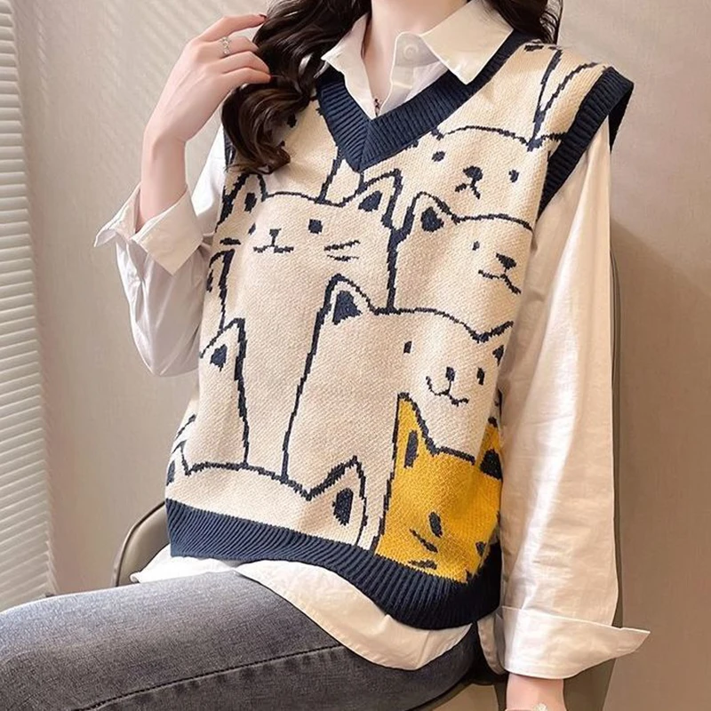 Top Trends: Women Cat Printed Cute Sweater Vest Knit V-Neck Casual Sleeveless Pullovers Streetwear Sweater Vest For Women 2023 Autumn Shoppable Styles - Image 5