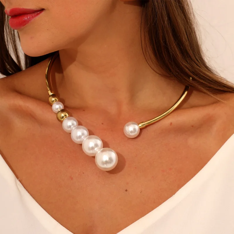 Top Trends: Exaggerated Pearl Necklace For Women Simple Versatile Golden Bead Opening Collar Exquisite Clavicle Korean Fashion Jewelry Gifts Shoppable Styles