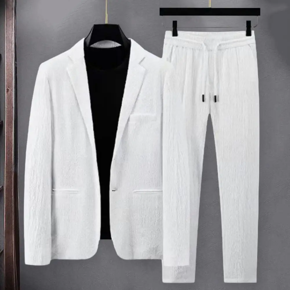 Top Trends: Solid Color Two-piece Suit Stylish Men&#039;s Striped Suit Set Soft Elastic Waist Coat Pants With Lapel Pockets Formal For Plus Shoppable Styles