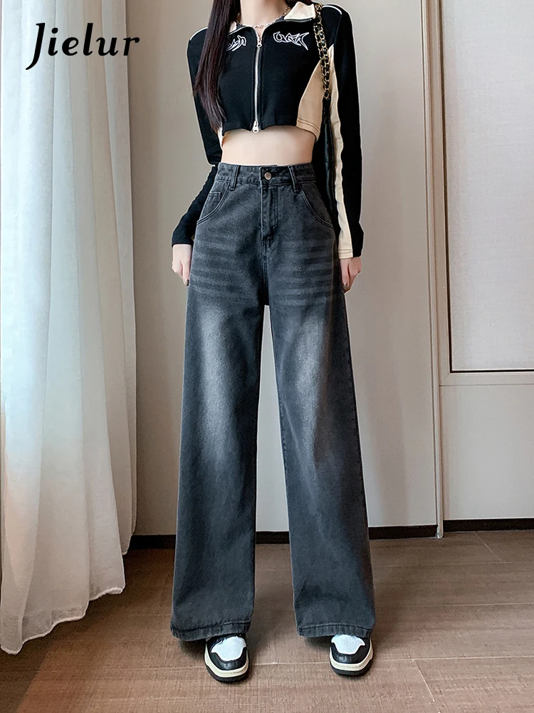 Top Trends: Jielur American Vintage High Waist Loose Women Jeans Fashion Street Casual Jeans Black Grey Simple Basic Straight Leg Pants Shoppable Styles